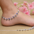 Silver Anklet with Buds and Purple, Pink Stone Accents
