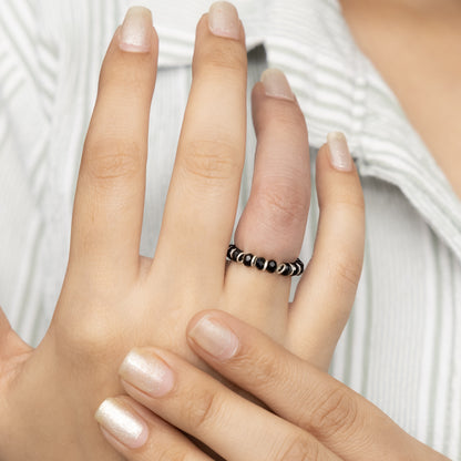 Silver Black Beads Chain Ring