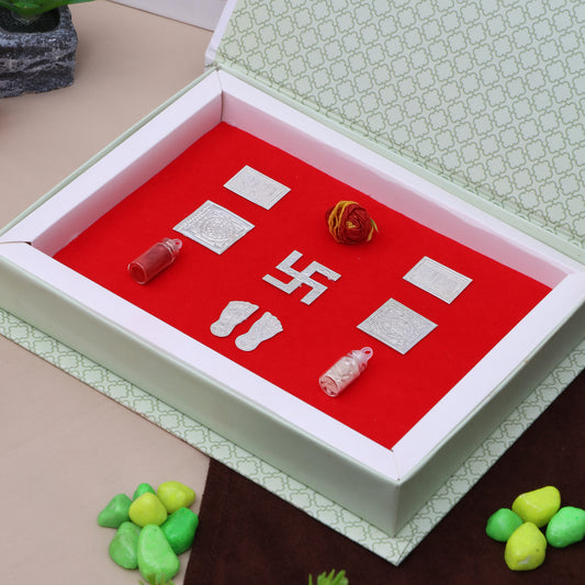 Traditional Diwali Pooja Box with Silver Swastik, Charan Paduka, and Yantra