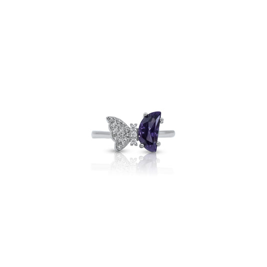 Purple gemstone butterfly design silver ring.
