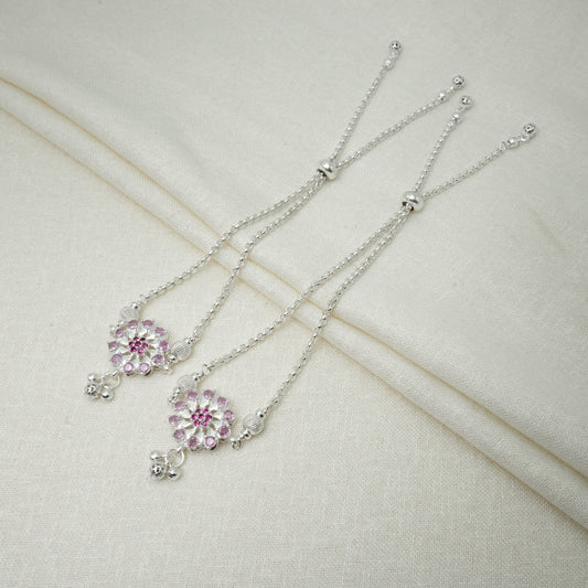 Floral Silver Anklet Light Pink Gemstone Detail