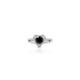 Sterling silver ring featuring a black round stone set in a heart-shaped design