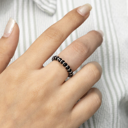 Silver Black Beads Chain Ring
