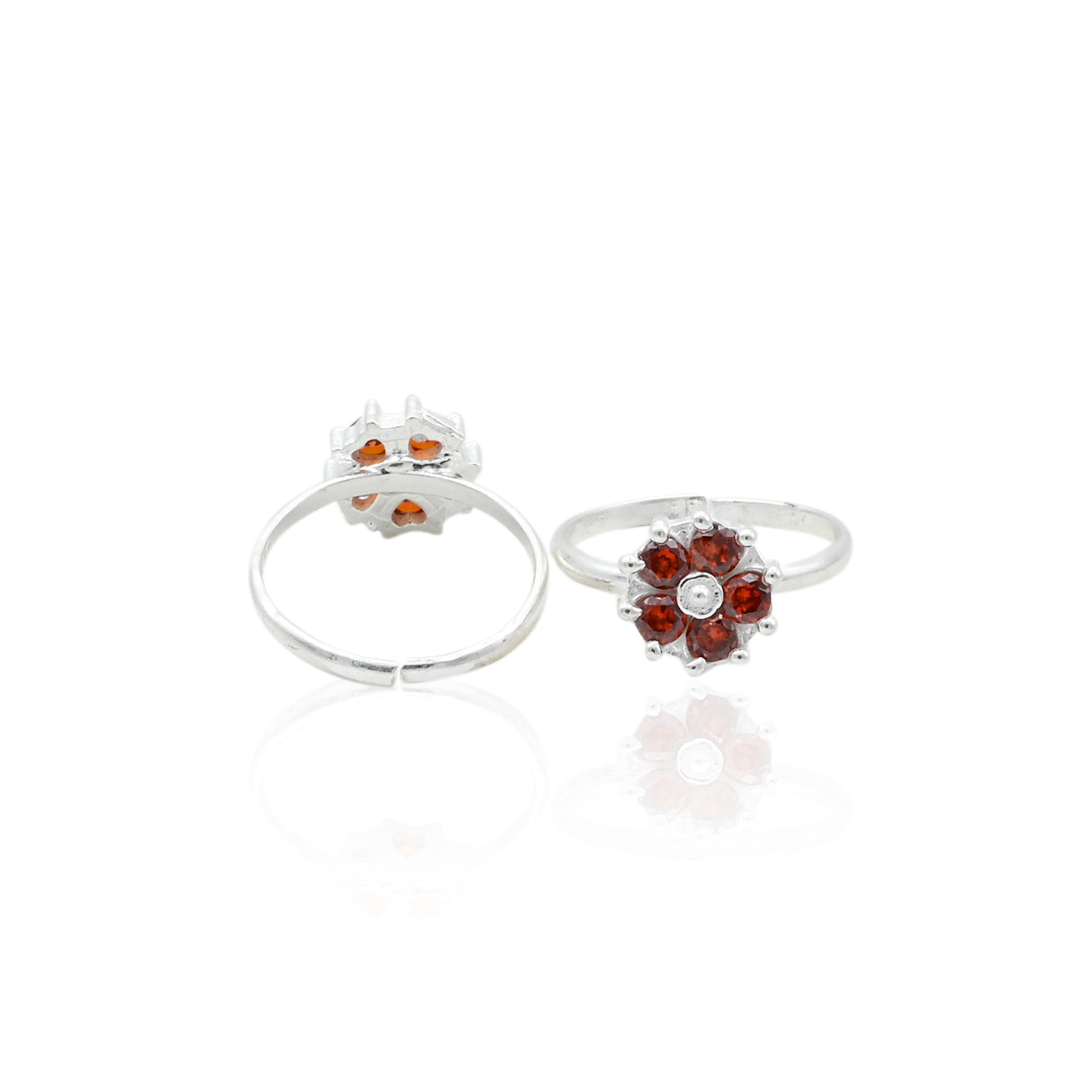 Charming silver toe rings adorned with bright, sparkling orange flowers for a cheerful touch