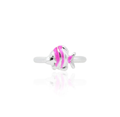 Silver baby ring featuring a cute pink fish design.