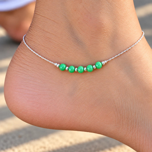 Silver Anklet with Green Beads for Women