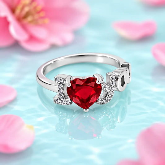 I Love You Red Heart Shape Silver Ring