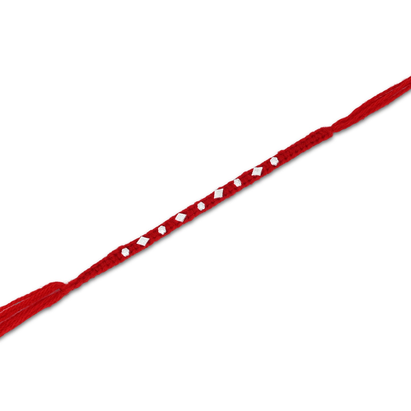 Boys' Rakhi featuring silver small flower design beads and a vibrant red thread.