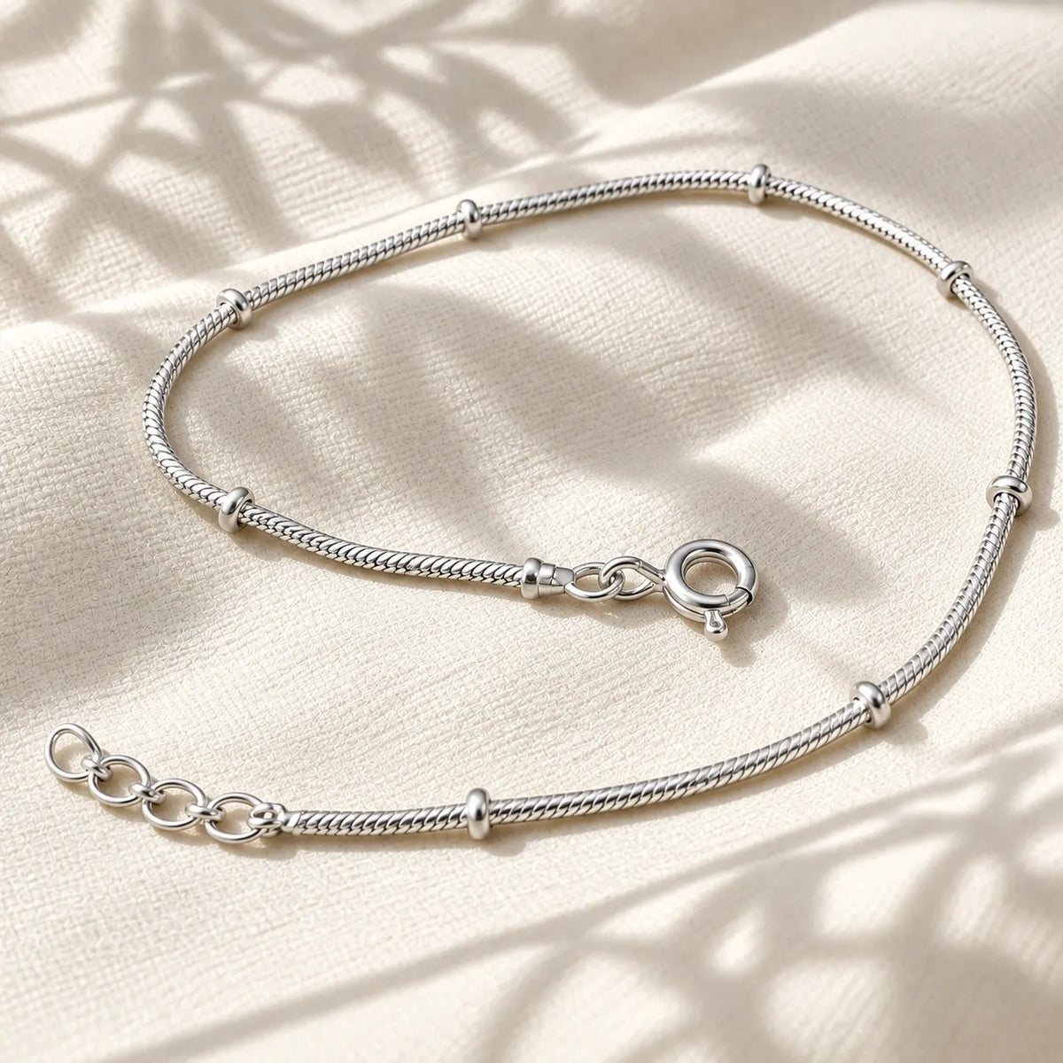 Pure Silver Snake Chain Bracelet with Bead Spacers for Women