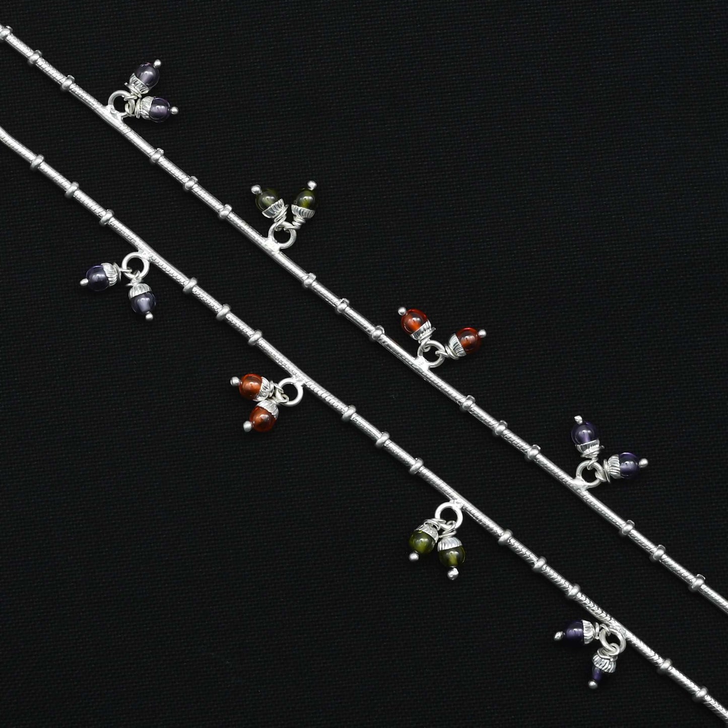 'Majestic Dilemma' silver payal with vibrant purple and orange beads for women