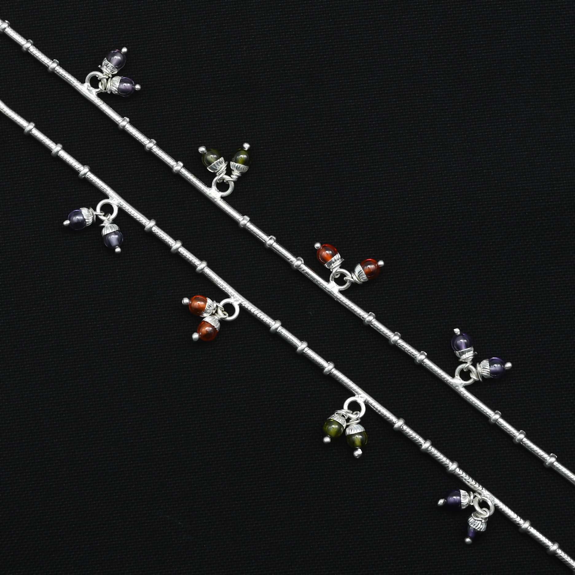 'Majestic Dilemma' silver payal with vibrant purple and orange beads for women