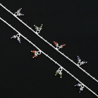 'Majestic Dilemma' silver payal with vibrant purple and orange beads for women