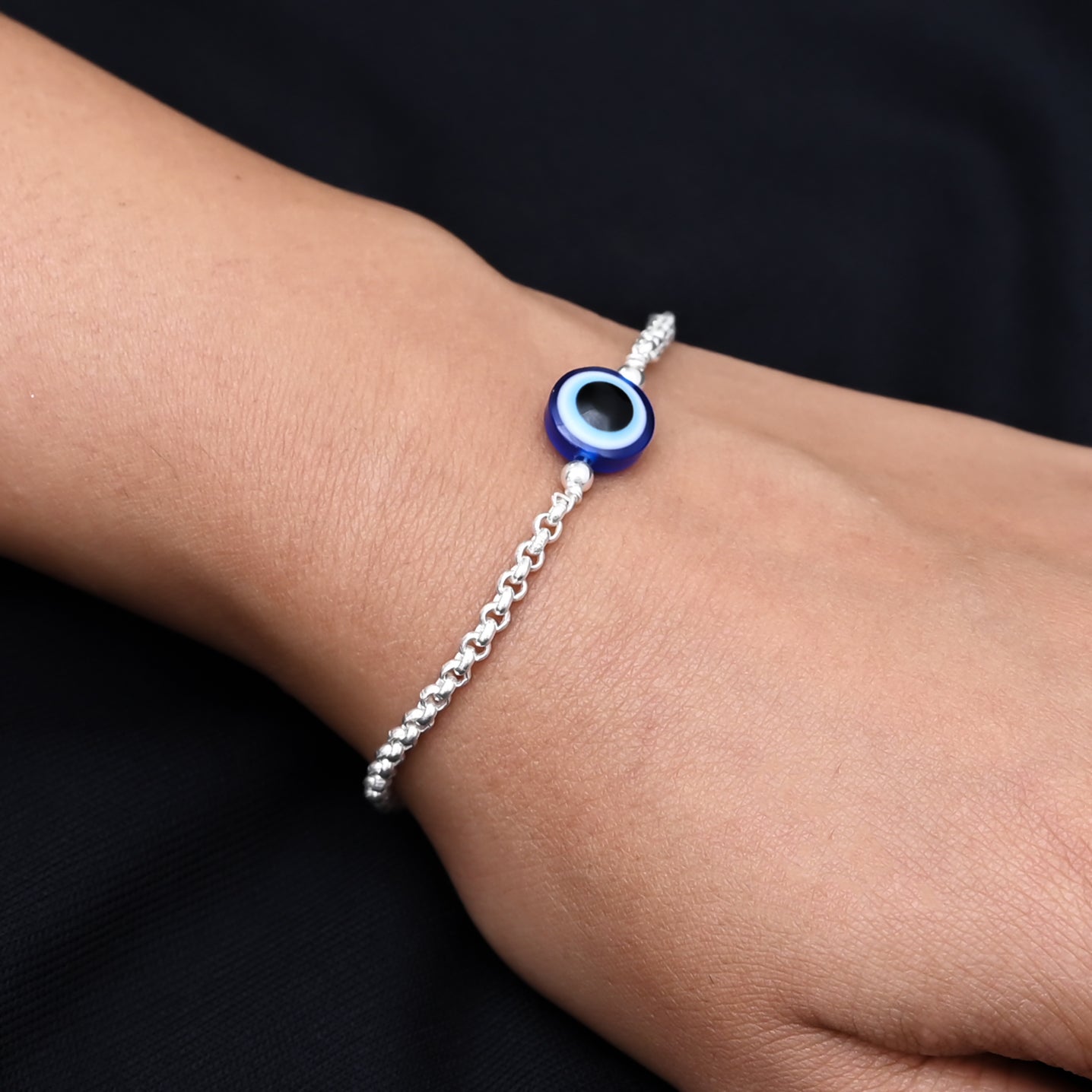 Silver Center Round Shape Blue Evil Eye Bracelet – Khushbu Jewellers