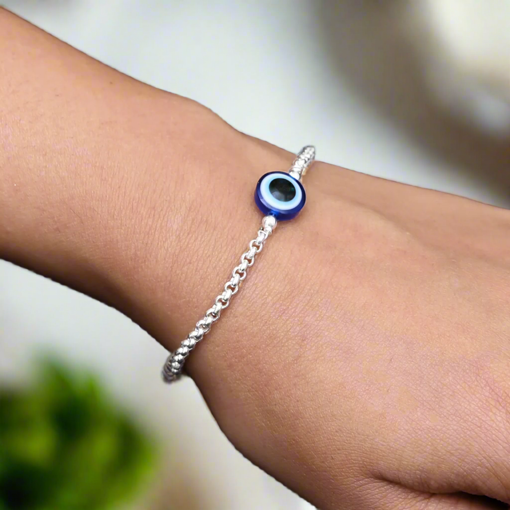 Silver Center Round Shape Blue Evil Eye Bracelet Khushbu Jewellers