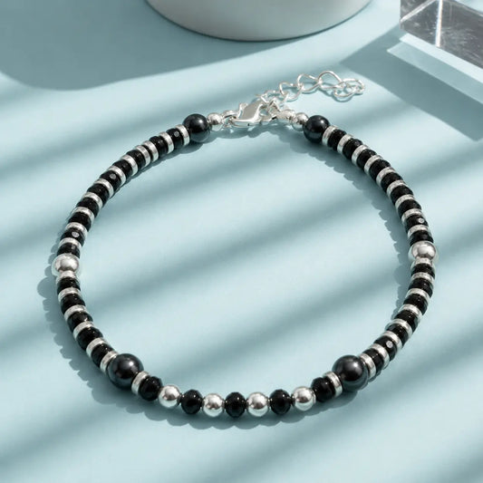 Black Beads Silver Spacer Bracelet