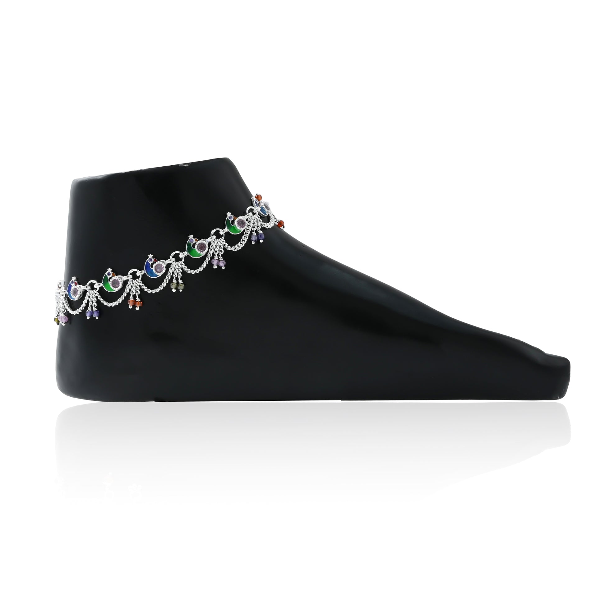 Elegant silver anklet adorned with a multicolored peacock motif