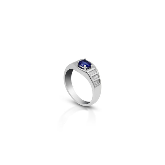 Elegant silver ring featuring a round blue gemstone