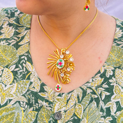 Glamorous Gold Polish Silver Necklace Set with Floral Center and Pink, White, Green Stone Embellishments.