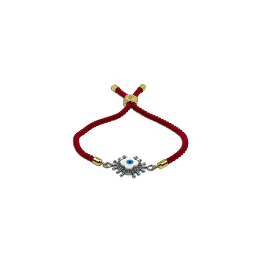 Silver evil eye bracelet with red thread, adjustable size.