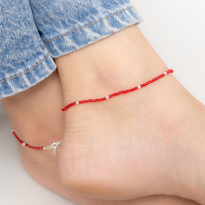 Red Beaded Elegance Silver Anklet
