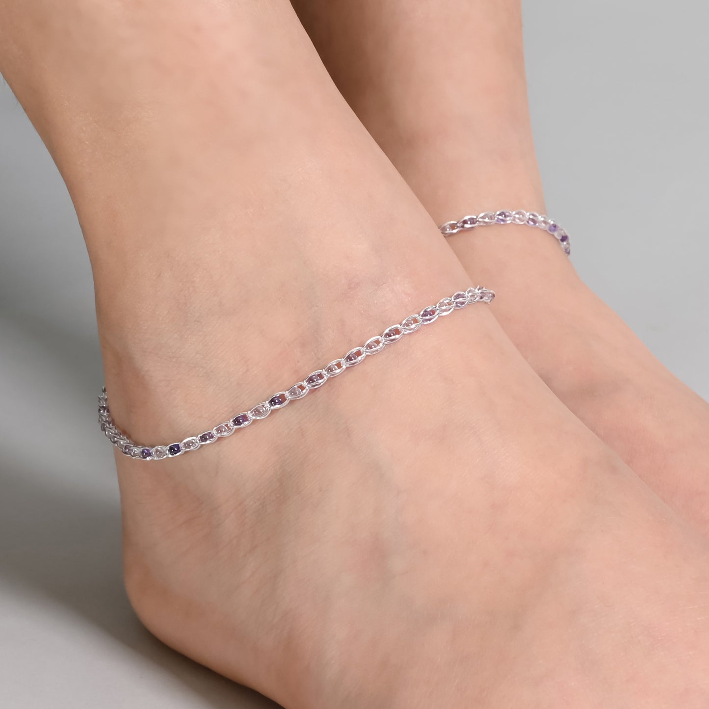 Silver Anklet with Delicate Purple, White Buds in Cage