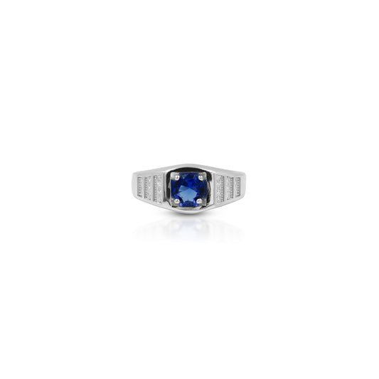 Silver ring with round blue gemstone