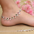 Silver Anklet with Heart-Shaped Buds and Red, Green Stone