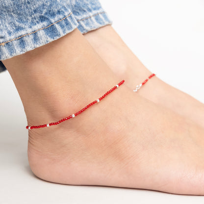Red Beaded Elegance Silver Anklet