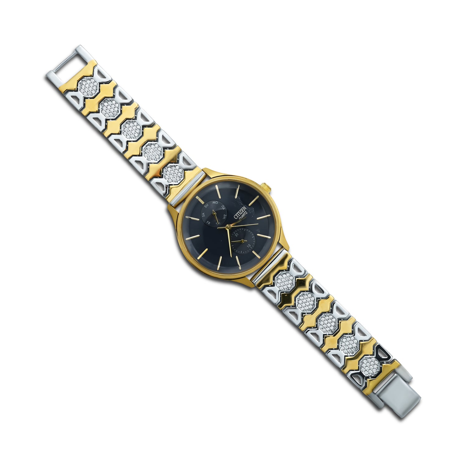 stylish gold-plated silver watch with white stones.