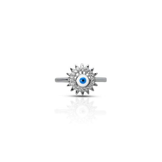 Sterling silver ring for girls featuring a spiked evil eye design for protection.