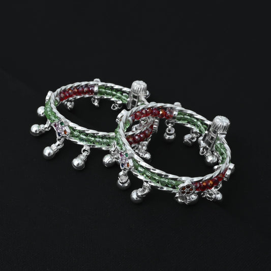 Buy Vibrant Green And Red Beads Silver Leg Kada for Baby Boy & Girl