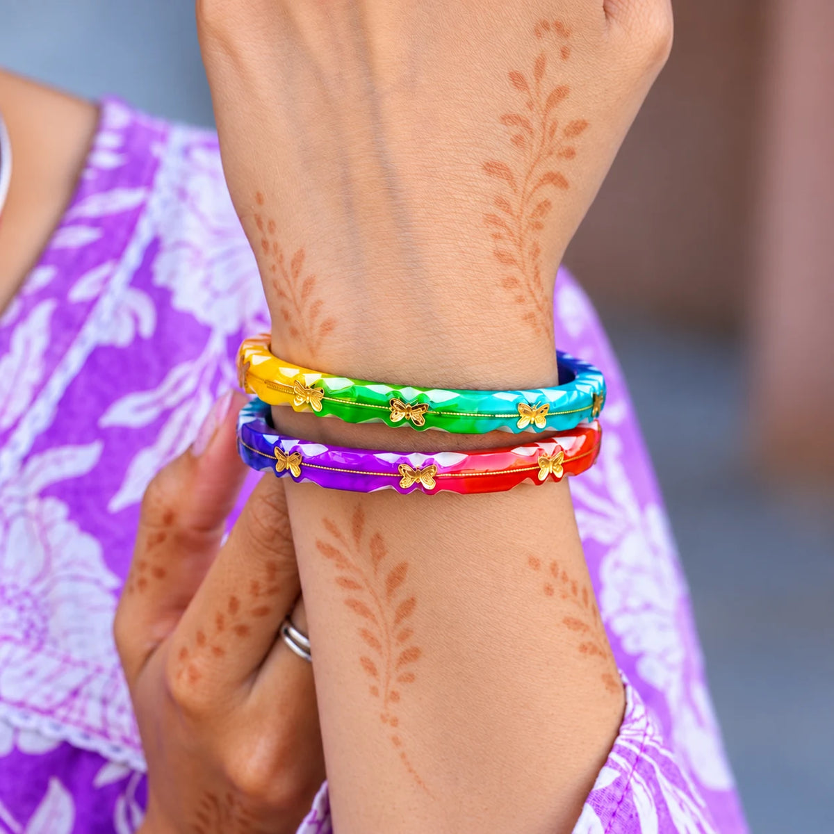 Multicolour Butterfly Charm Bangles with Golden Detailing for Women