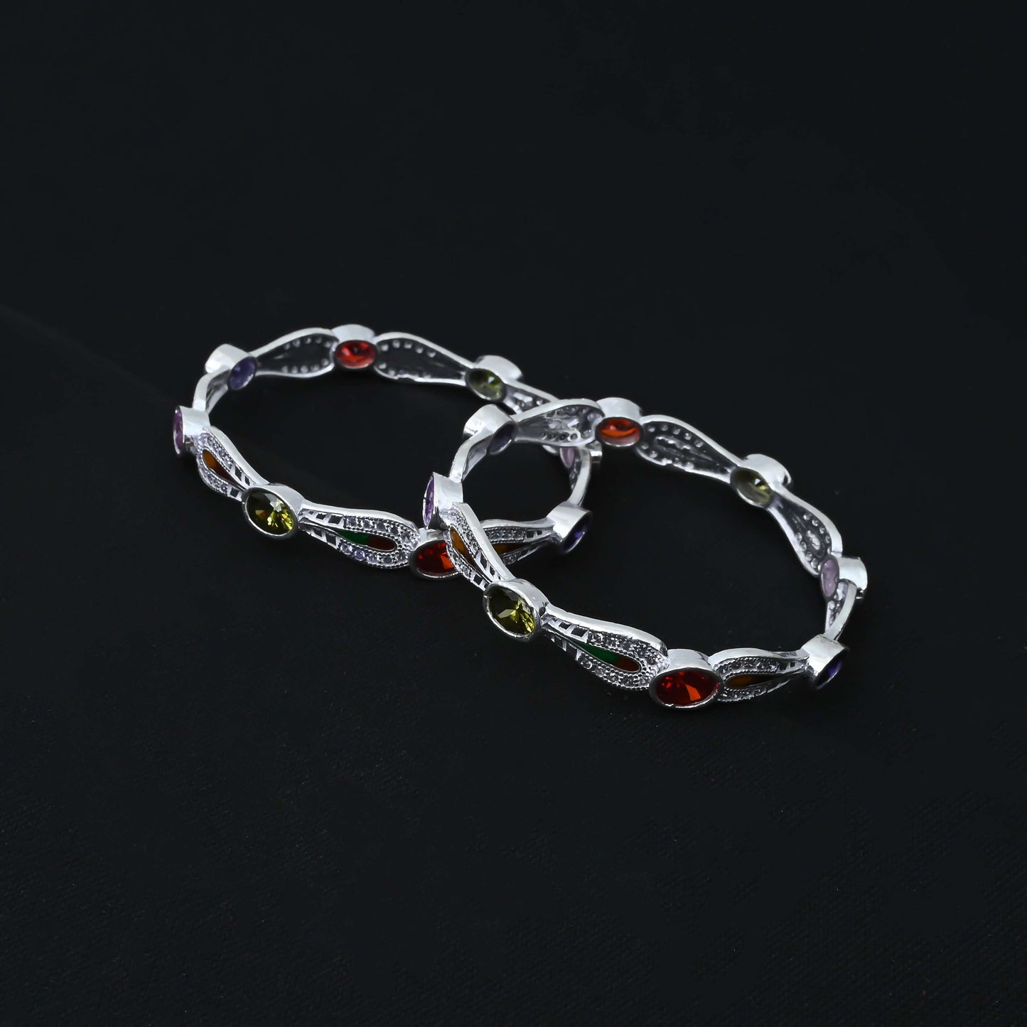 Silver Colorful Gem Stone Tilak Design Chudi for Girls