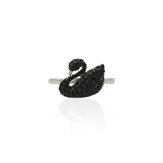 Silver girls' ring with a sleek black design, perfect for adding a trendy touch to any look.