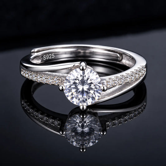 925 Silver Engagement Style Adjustable Ring with Sparkling Crystal
