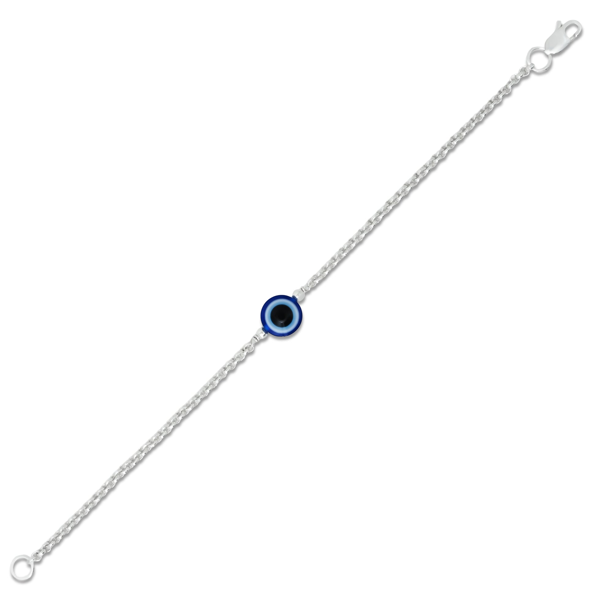 Silver bracelet featuring a central round blue evil eye charm