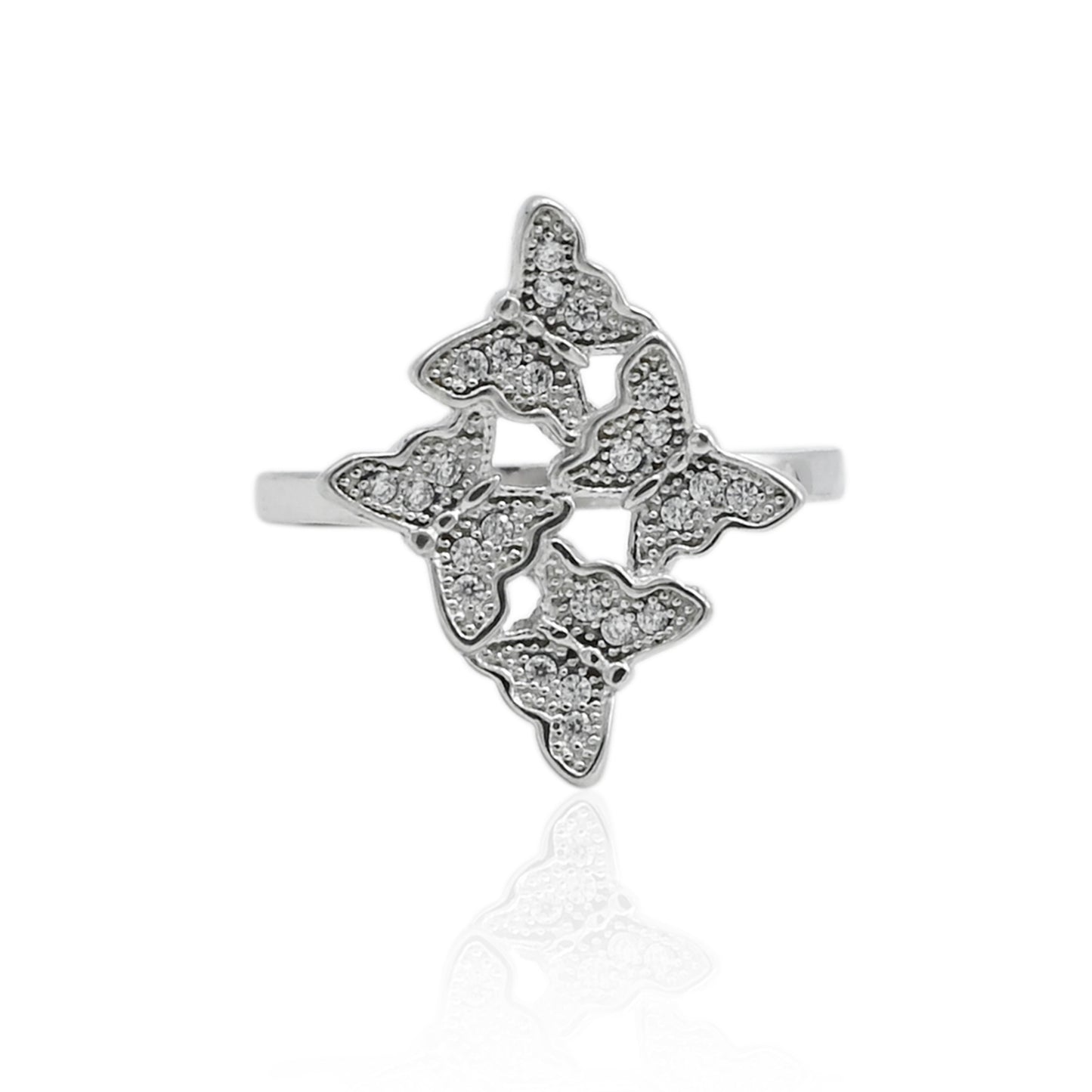 Silver ring featuring four shiny butterflies for a playful and elegant look.