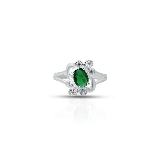 Silver ring for girls featuring an oval-shaped green stone with a flower design.