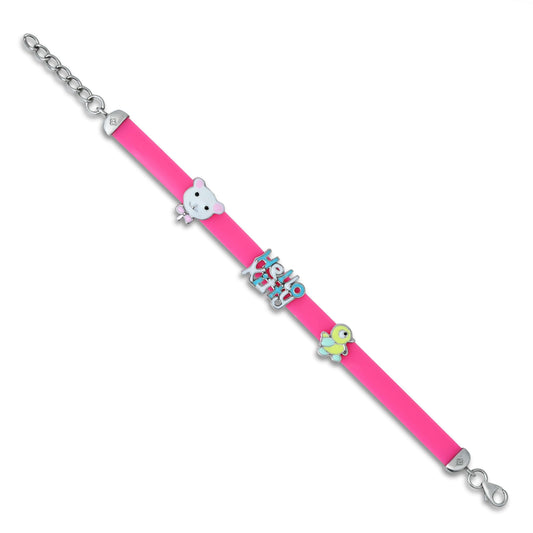 Sterling silver bracelet for girls featuring a Hello Kitty inscription with a pink belt design