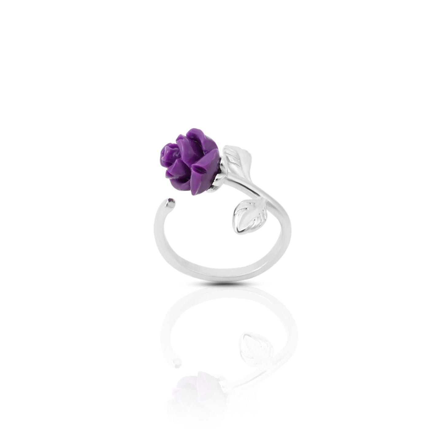 Close-up of a sterling silver women's ring with a beautifully crafted purple rose detail