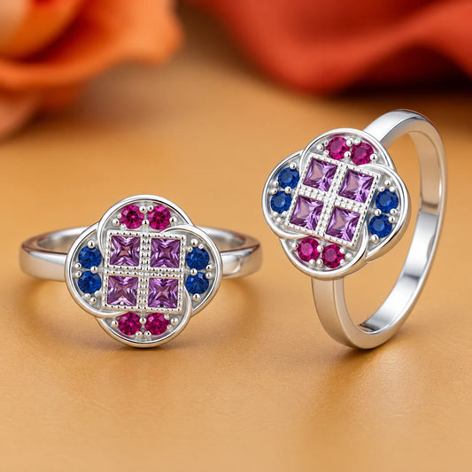 Silver Purple and Blue Gem Stone with Flower Design Bicchiya for Girls