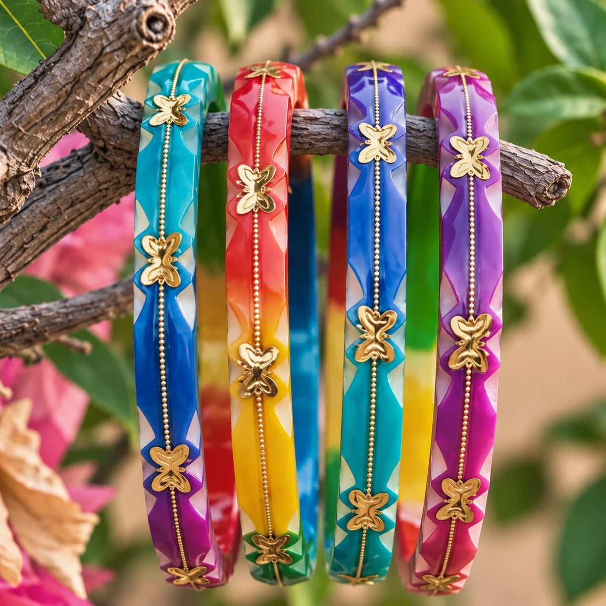 Multicolour Butterfly Charm Bangles with Golden Detailing for Women