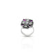 Elegant silver ring featuring pink drop and floral motif.