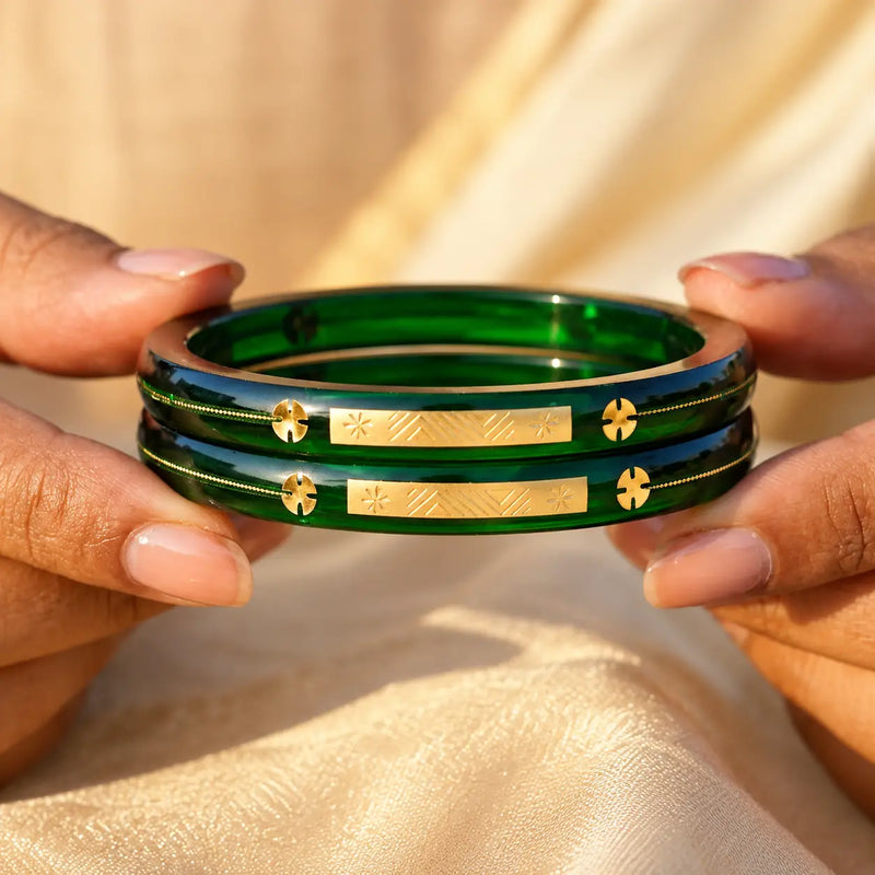 Premium Green Glass Bangles with Golden Engraved Design for Women