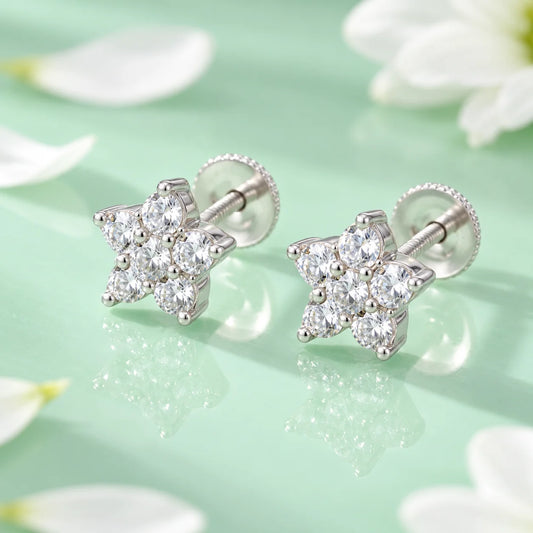 Flower Design White Stone Silver Earrings