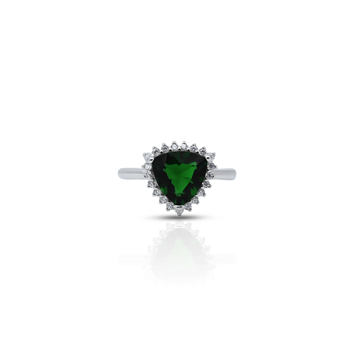 Elegant sterling silver ring featuring a triangular synthetic green emerald gemstone for her.