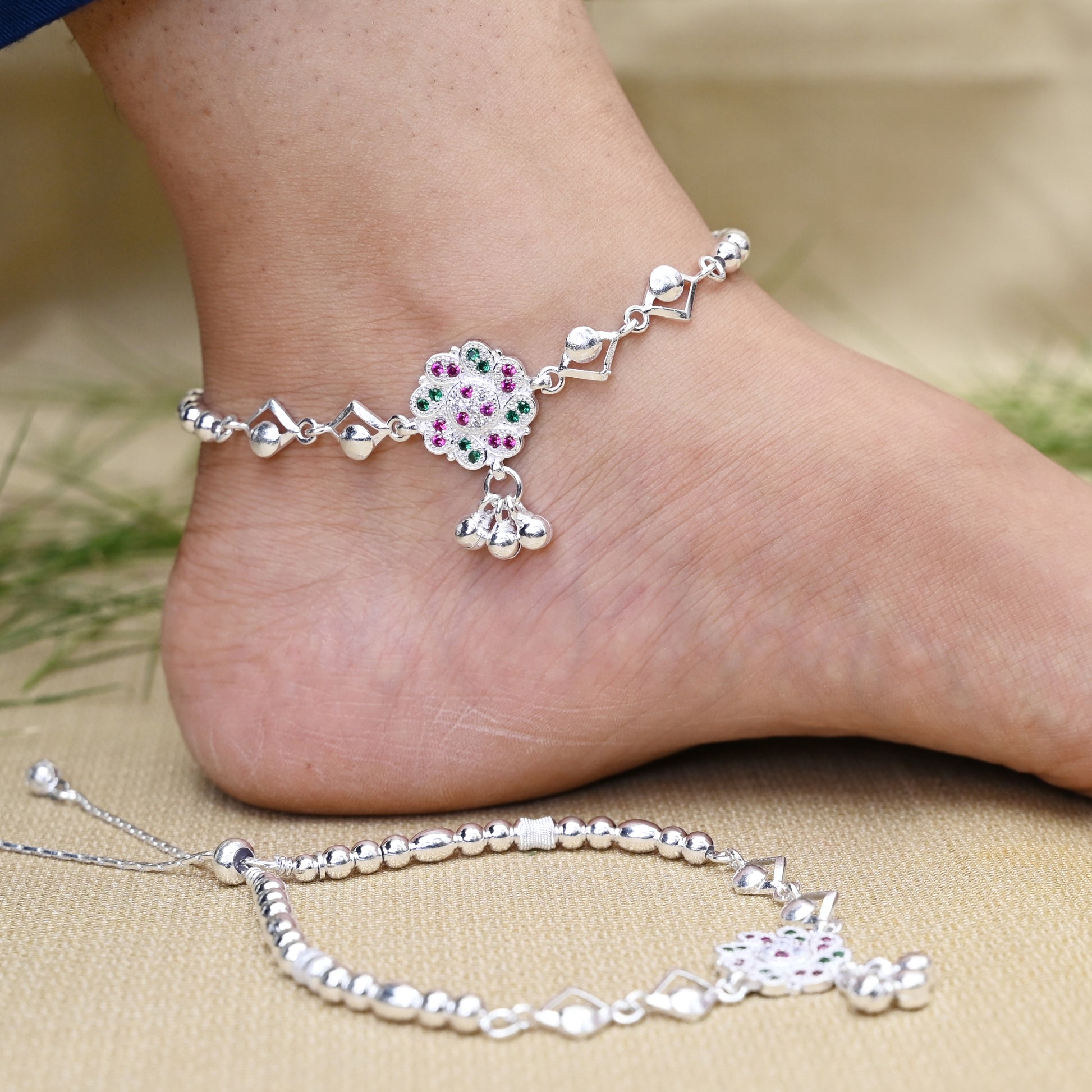 Silver Purple and Green Gem Stone with Silver Beads and Ghungroo Anklet for Girls