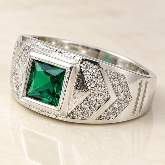 Silver Exquisite Green Stoned Boys Ring