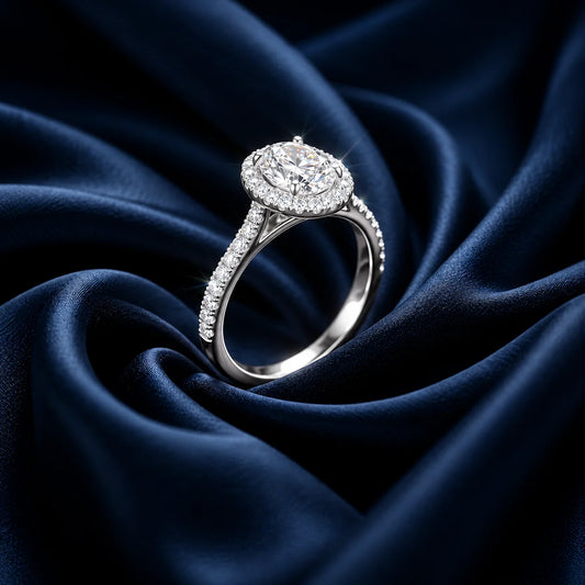 Luxury Oval Halo Diamond Ring with Pavé Band – Elegant Silver Tone Statement Ring