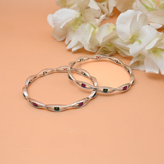 Trendy Silver Bangles with Vibrant Pink & Green Gems